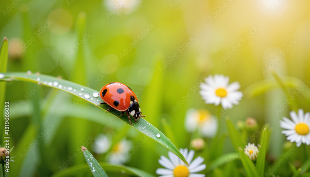 Close-up of ladybug on grass with flowers, nature's beauty Close-up of ladybug on grass with flowers, nature's beauty