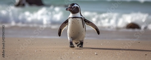 A small penguin walks on the beach near the ocean water
