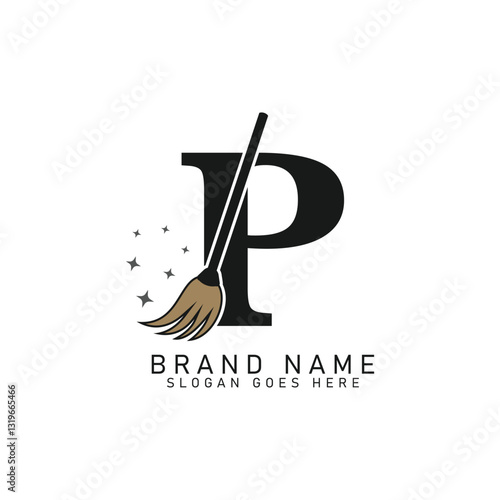 Letter P House Cleaning Broom Logo. Alphabet P Cleaning Brush Icon