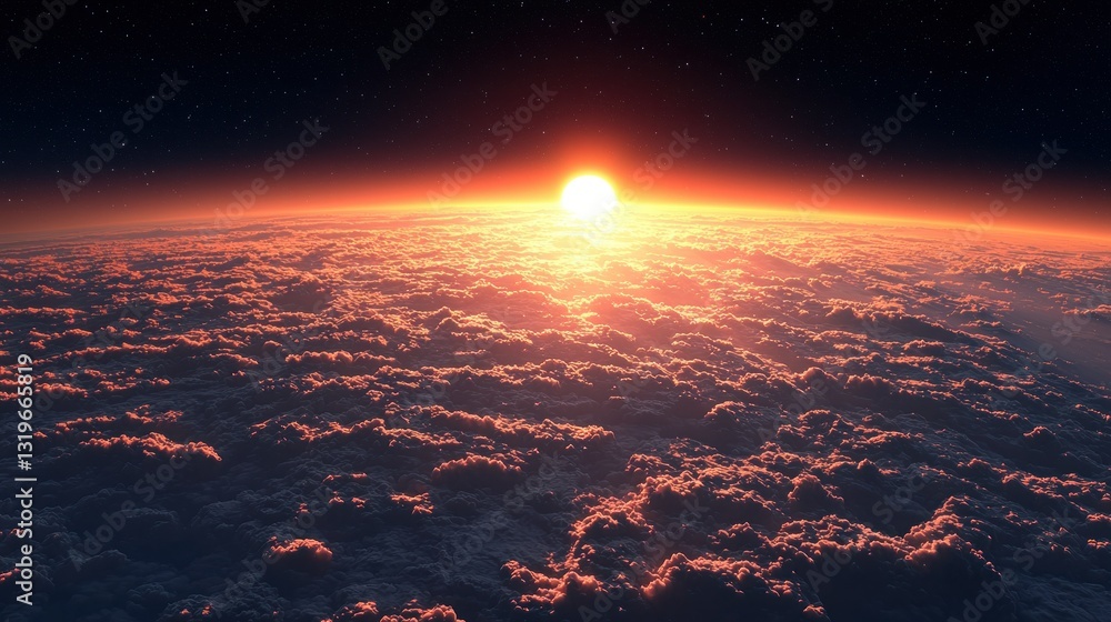 Fototapeta premium Fiery sunset above a boundless cloud sea from space