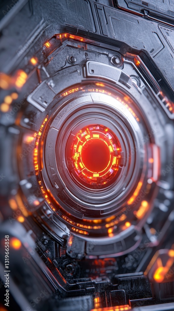 Fototapeta premium A close-up of a high-tech circular interface featuring glowing orange lights against a dark, intricate background.