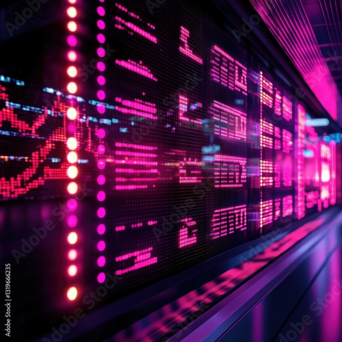 3D stock ticker with scrolling neon glow numbers