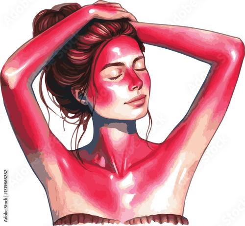 Watercolor vector illustration of a sunburnt young woman
