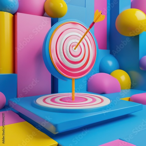 Dynamic 3D dartboard with colorful bullseye design and success motif