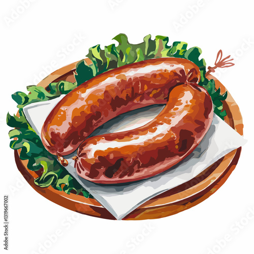Watercolor Illustration of Smoked Sausages on a Wooden Plate
