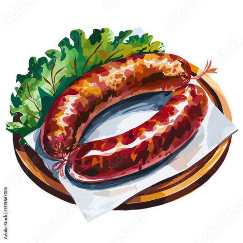 Watercolor Illustration of Smoked Sausages on a Wooden Plate