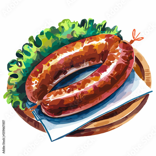 Watercolor Illustration of Smoked Sausages on a Wooden Plate
