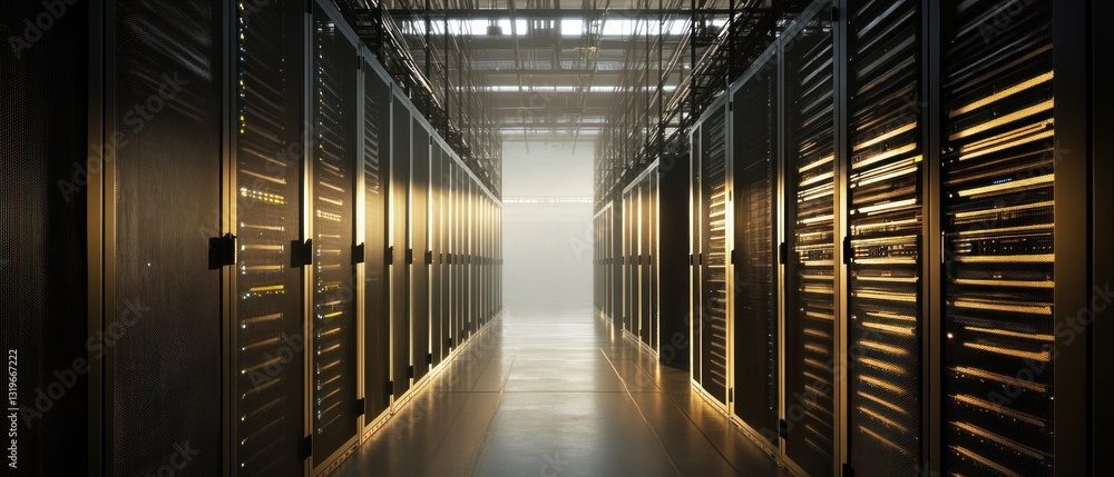 Fototapeta premium Data Center Corridor: A Glimpse into the Heart of Digital Infrastructure
