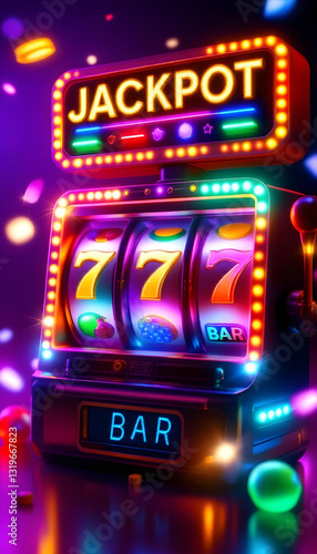 Illustration of a lucky slot machine with jackpot lights and a winning triple 7