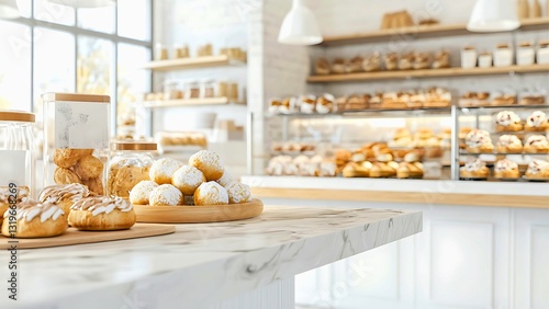 a bakery display of fresh baked goods on a marble countertop.