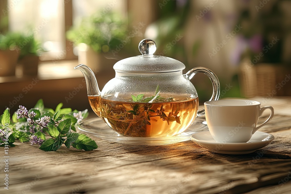 A glass teapot and teacup on a rustic wooden table A glass teapot and teacup on a rustic wooden table