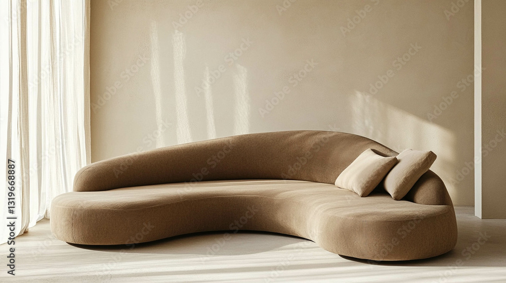 Modern and curved sofa in light brown color on a light beige background