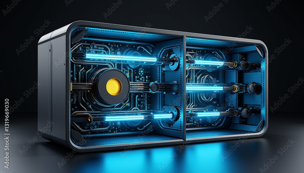 Fototapeta premium Hyper-realistic quantum supercomputer emitting blue and yellow lights, technology