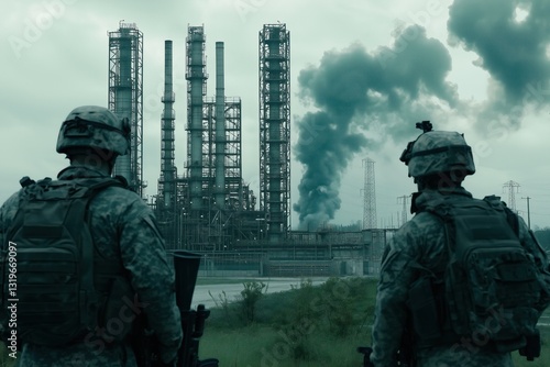 Two soldiers observing a smoking industrial plant after an attack, concept of industrial sabotage or war
