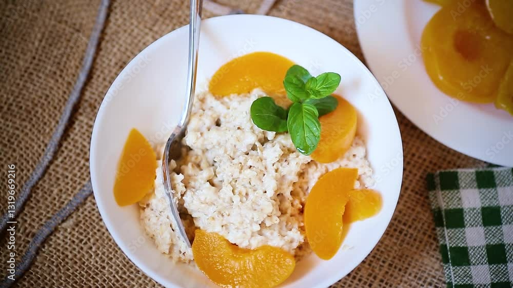 Fragrant oatmeal with tender peaches in a white bowl Fragrant oatmeal with tender peaches in a white bowl