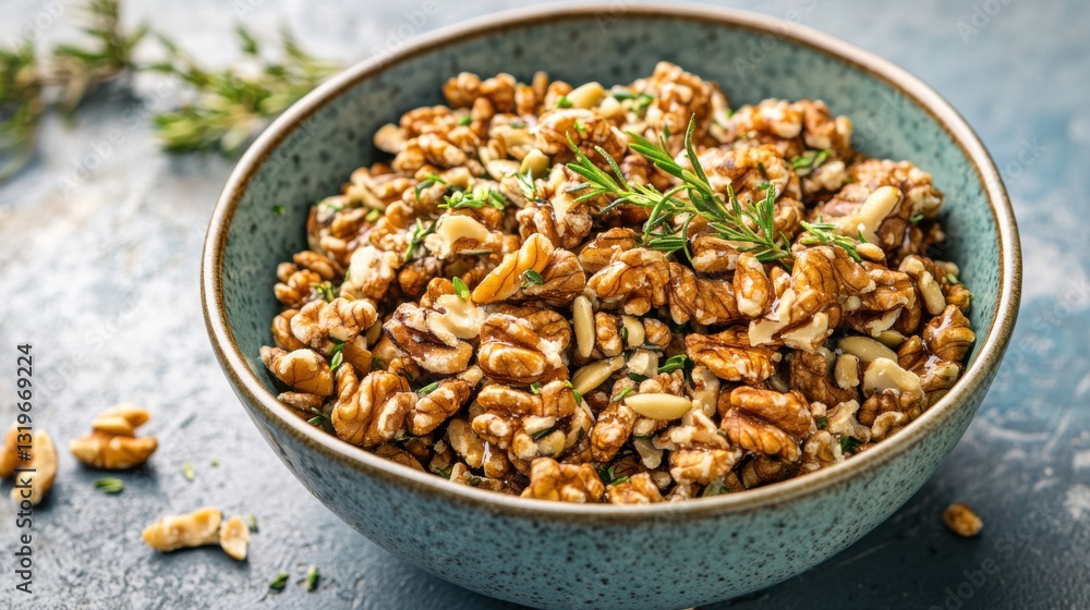 Gourmet Candied Nuts with Pine Nuts and Walnuts in a Rustic Blue Bowl Surrounded by Fresh Herbs Against a Light Blue Background Gourmet Candied Nuts with Pine Nuts and Walnuts in a Rustic Blue Bowl Surrounded by Fresh Herbs Against a Light Blue Background