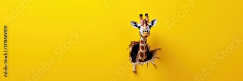 A playful giraffe peeks through a vibrant yellow wall, creating a whimsical and eye-catching visual perfect for creative projects and marketing materials.