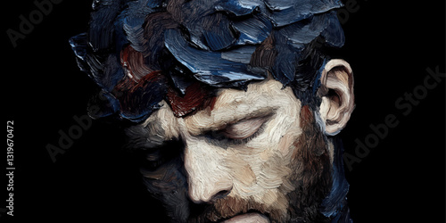 Emotional Portrait Art: Textured Brushstroke Effect on Pensive Man's Face, Contemporary Style Vector for Psychological and Artistic Expression