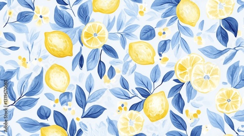 Hand drawn vintage seamless pattern with lemons, flowers and leaves in yellow and blue colors. Line art. Citrus italian print drawing in ink doodle style. Summer vector modern illustration background.