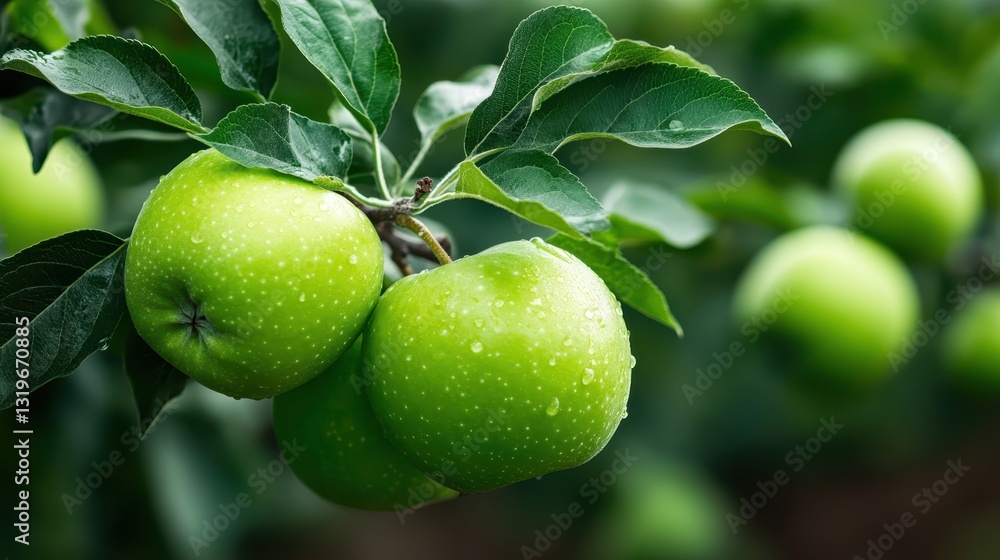 Close-up of fresh, dew-covered green apples hanging on a tree, symbolizing health, vitality, and the beauty of nature's bounty in the orchard. Close-up of fresh, dew-covered green apples hanging on a tree, symbolizing health, vitality, and the beauty of nature's bounty in the orchard.