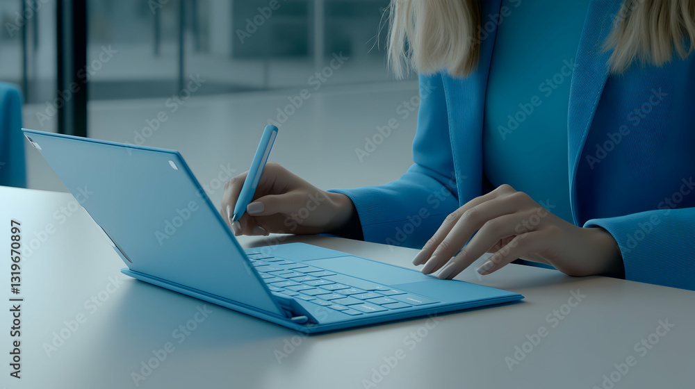 Fototapeta premium Woman Uses Stylus on a Blue Laptop: Digital Note-Taking and Efficient Workflow.