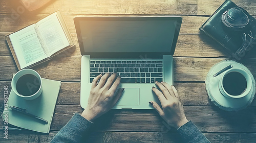 Working Remotely, Person Types on Laptop, Drinks Coffee, Reads Books