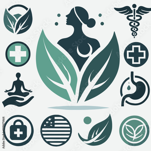 Collage of health and wellness symbols featuring leaves and a human figure on a light background