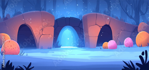 Mystical Cartoon Bridge Scene with Glowing Portal and Colorful Fantasy Landscape Under Starry Night Sky - Enchanted Stones and Lush Vegetation