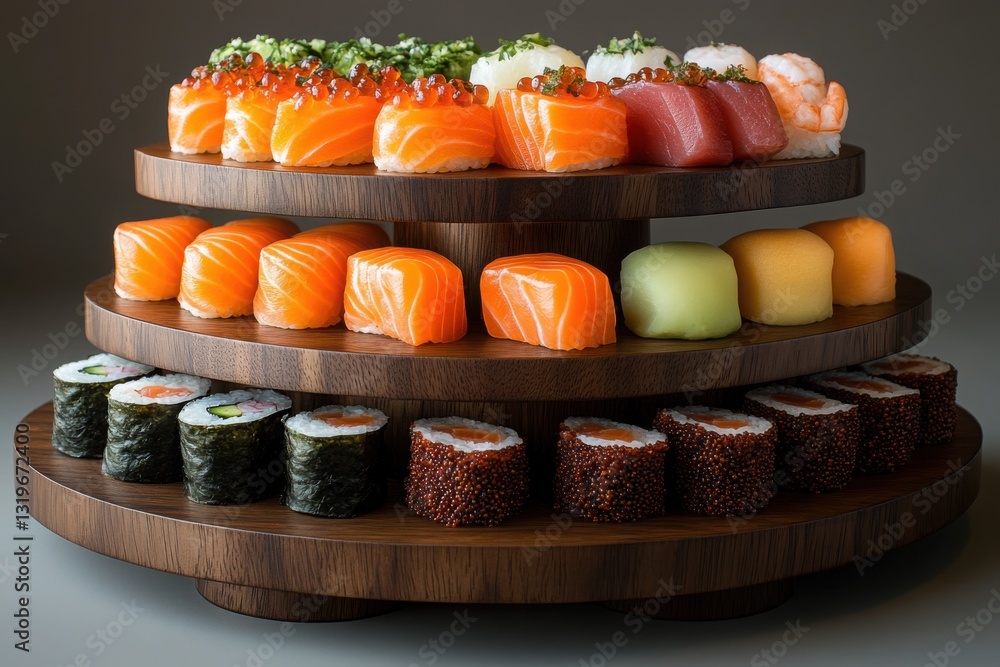 Sushi platter featuring an assortment of rolls and fish on a tiered wooden stand a showcase of Japanese culinary art and presentation Sushi platter featuring an assortment of rolls and fish on a tiered wooden stand a showcase of Japanese culinary art and presentation