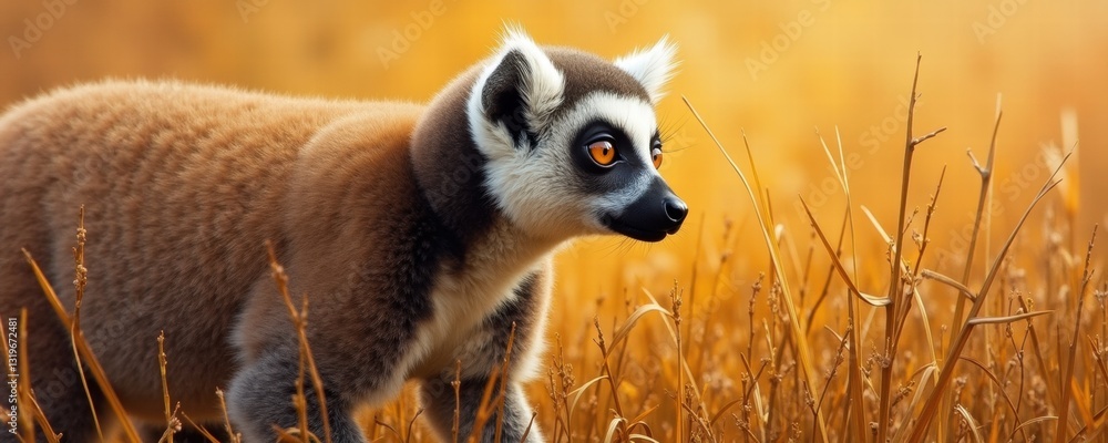 Fototapeta premium A curious ring-tailed lemur explores its natural habitat, showcasing its striking features and vibrant surroundings in soft golden light.