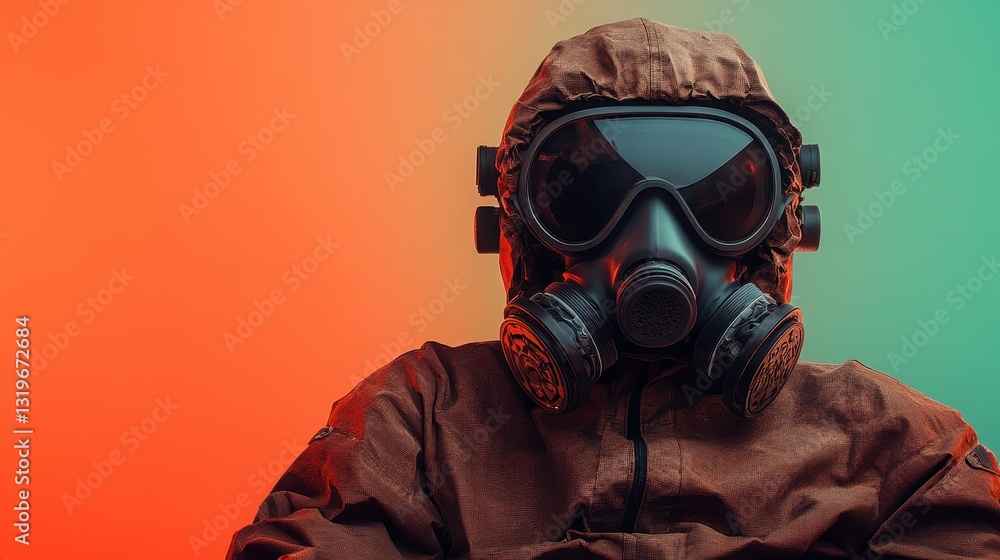 The image features a person wearing a gas mask and a protective brown suit, exuding an air of mystery and evoking thoughts on safety and environmental concerns. The image features a person wearing a gas mask and a protective brown suit, exuding an air of mystery and evoking thoughts on safety and environmental concerns.