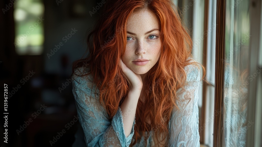 A mesmerizing shot of a red-haired woman in a lace top, presenting an intriguing blend of beauty, vulnerability, and strength against a bright, ethereal background. A mesmerizing shot of a red-haired woman in a lace top, presenting an intriguing blend of beauty, vulnerability, and strength against a bright, ethereal background.