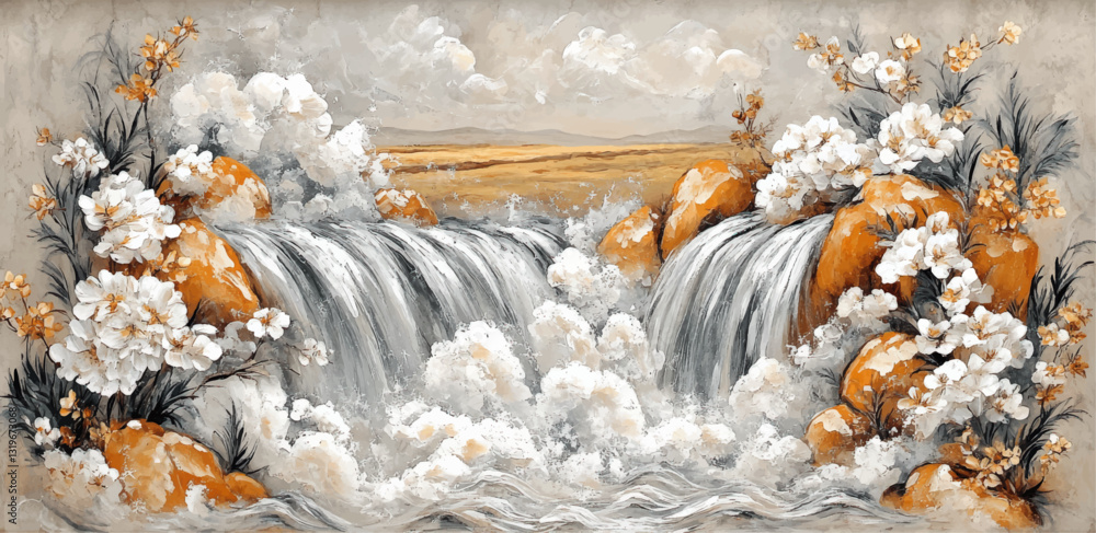 Stunning Natural Waterfall Scenery Vector with White Flowers and Orange Rocks in Serene Landscape - Artistic Nature Printable Wall Art Design Stunning Natural Waterfall Scenery Vector with White Flowers and Orange Rocks in Serene Landscape - Artistic Nature Printable Wall Art Design