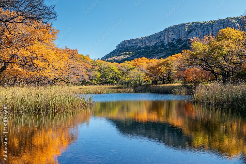 A scenic landscape of a lake reflecting vibrant autumn colors A scenic landscape of a lake reflecting vibrant autumn colors