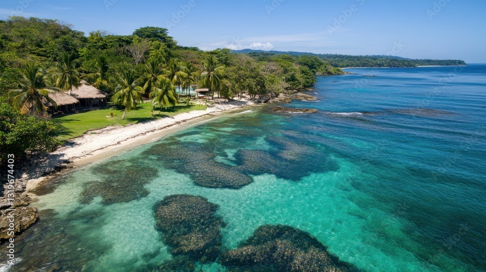 Fototapeta premium Tropical Paradise: Secluded Beach, Crystal Clear Waters, Lush Greenery