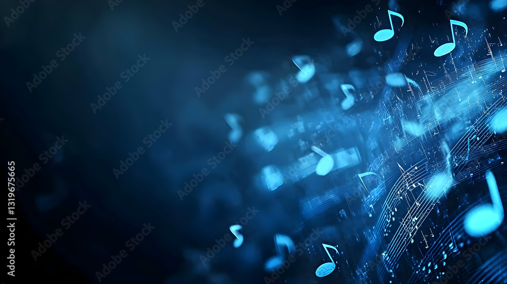 Fototapeta premium Abstract Blue Digital Music Notes Floating On Dark Background with Light and Energy Theme