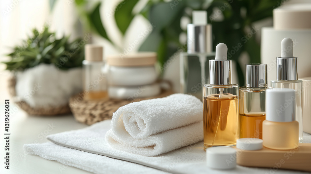Beauty products in bottles arranged on a pale surface.
Beauty products in bottles arranged on a pale surface.
