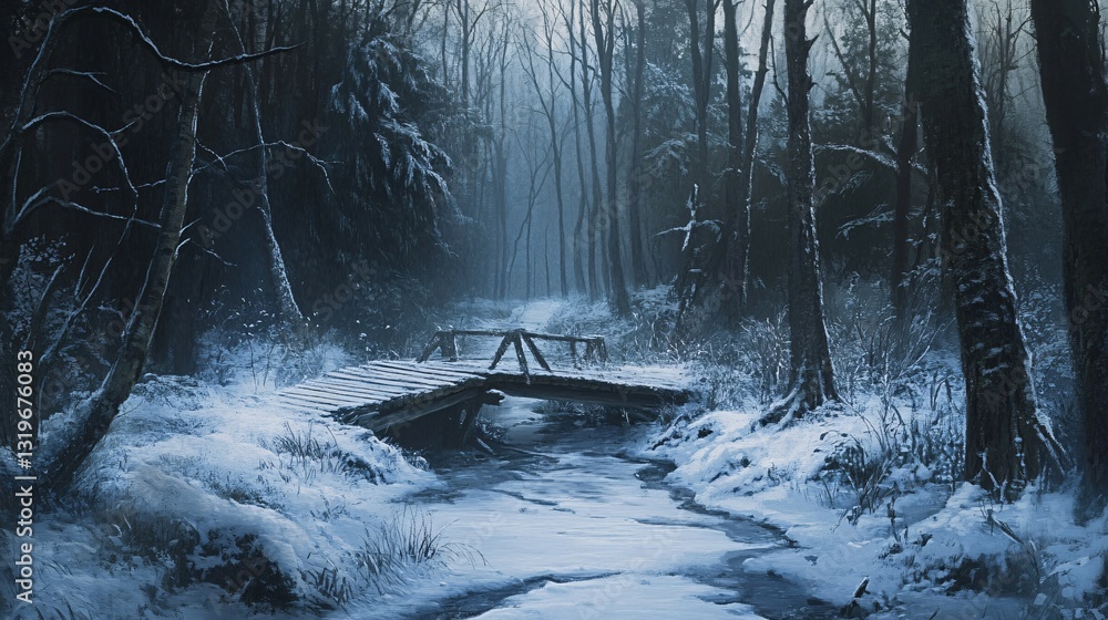 Naklejka premium Winter Forest Background with Snowy Wooden Bridge