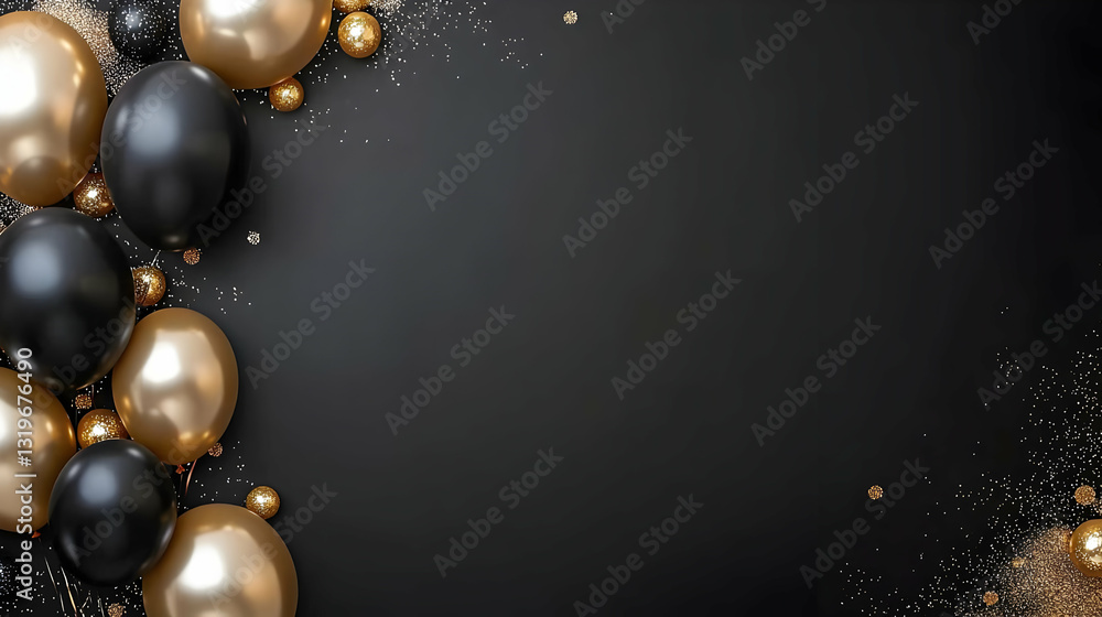 Elegant Black And Gold Balloons With Confetti On Dark Background Festive Celebration Backdrop For Special Occasions Or Birthday Anniversary Elegant Black And Gold Balloons With Confetti On Dark Background Festive Celebration Backdrop For Special Occasions Or Birthday Anniversary