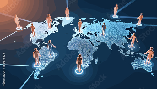 Interconnected global community digital network diverse people connecting worldwide technology globalization teamwork online collaboration multicultural communication vector graphic