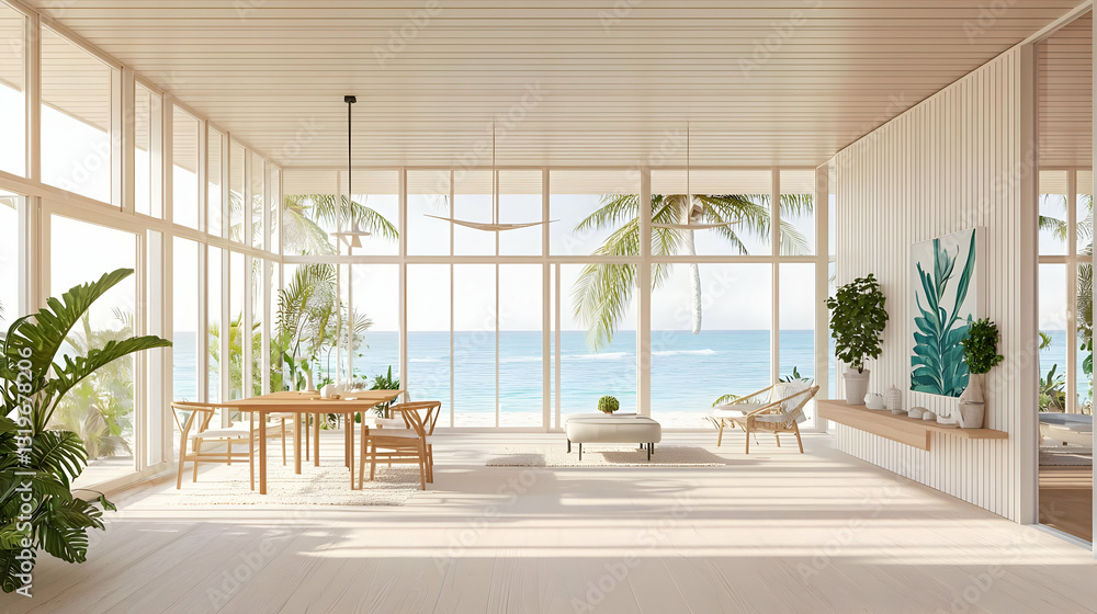 Fototapeta premium Bright Airy Modern Beach House Interior With Ocean View Dining And Living Area Featuring Neutral Colors Natural Light And Coastal Decor