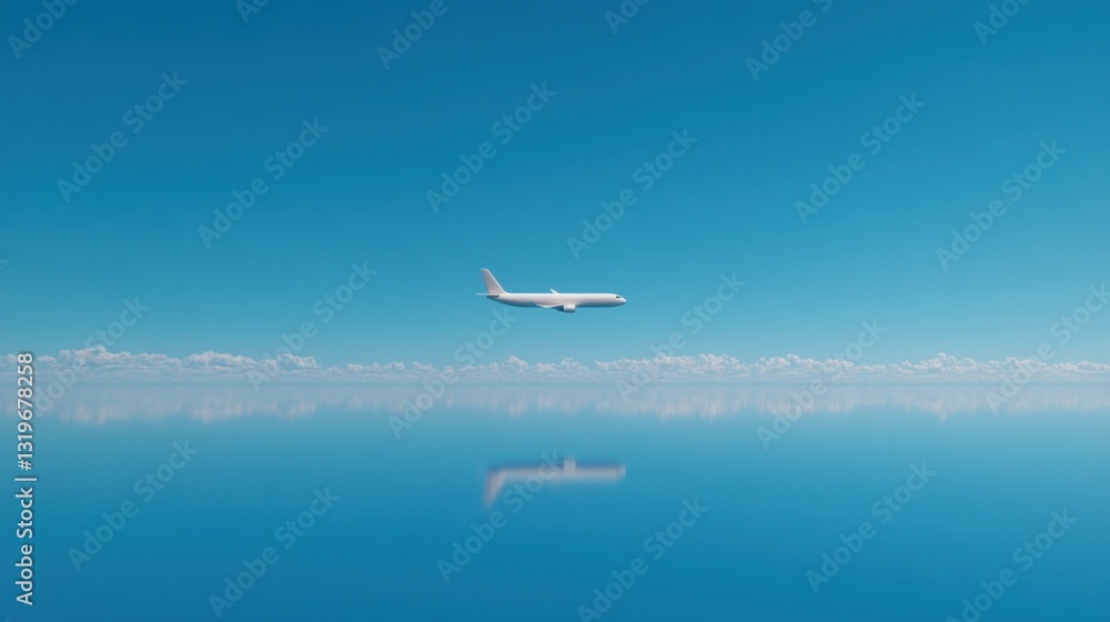 Fototapeta premium Serene Flight Over Calm Ocean: Airplane Reflection