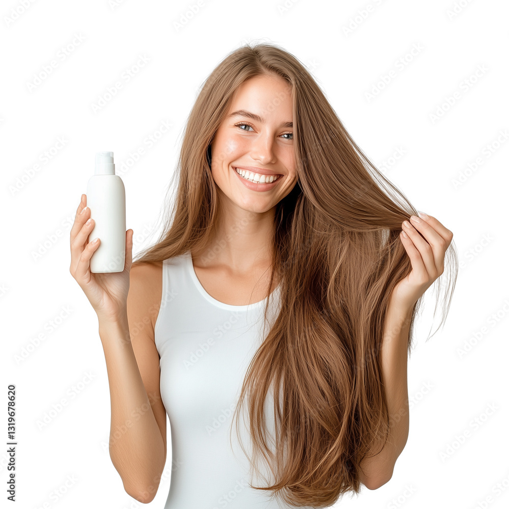 Smiling woman with long healthy hair holding a shampoo bottle on a white background Smiling woman with long healthy hair holding a shampoo bottle on a white background
