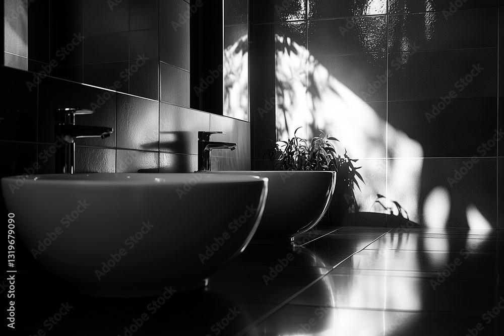 Black and White Moody Bathroom with Double Sink and Soft Shadows