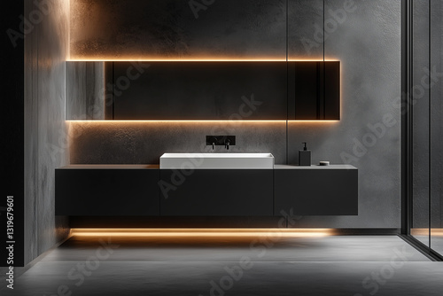 Obraz na płótnie Luxury Black Bathroom with Floating Vanity and LED Mirror w salonie