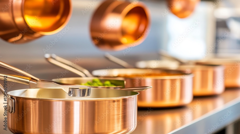 Copper cookware arranged in a modern kitchen, showcasing culinary preparation with fresh ingredients Copper cookware arranged in a modern kitchen, showcasing culinary preparation with fresh ingredients