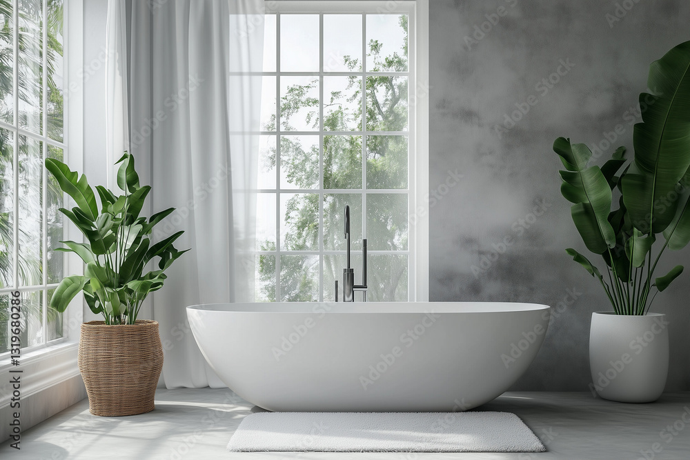 Bright White Bathroom with Large Window & Plants