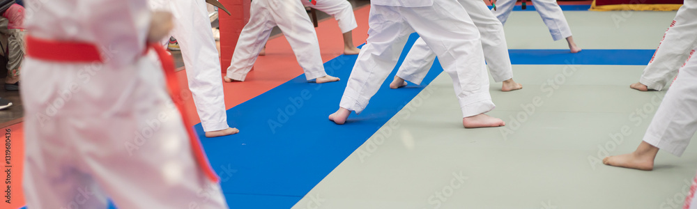 Fototapeta premium Panorama view martial arts class with parent sitting outside studio mat and diverse Taekwondo students doing stretch warmup ready for classes in Texas, girls boys teens active self-discipline