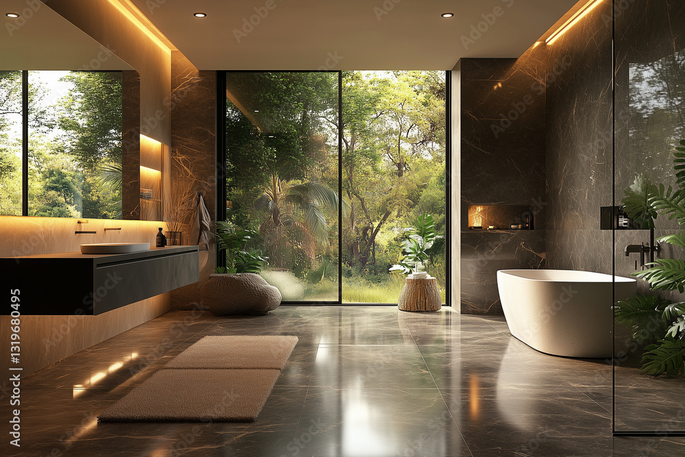 Luxury Bathroom with Floor-to-Ceiling Windows & Greenery