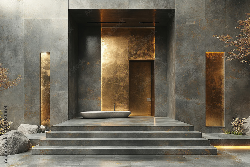 Golden Accent Bathroom with Elevated Bathtub Space